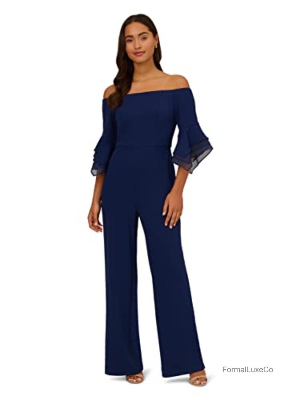 Organza Crepe Jumpsuit Wide Leg Zipper Navy Sateen
